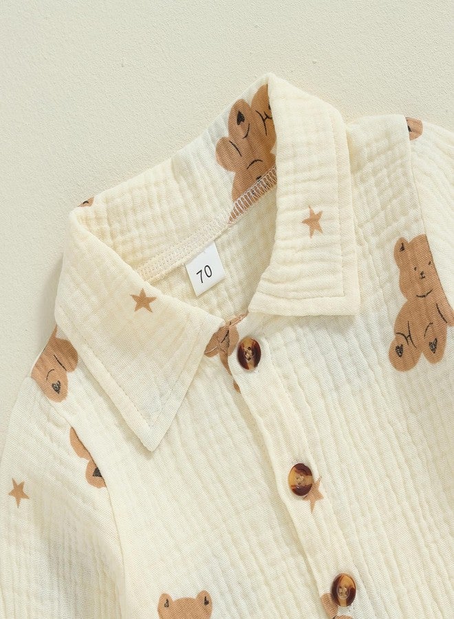 fyclemt Toddler Baby Girl Boy Halloween Pajamas Pumpkin Cotton Linen Long Sleeve Button Down Shirt Top Pants Kids Sleepwear Pjs Set (Beige Moon Bear Print, 12-18 Months) - Image 3