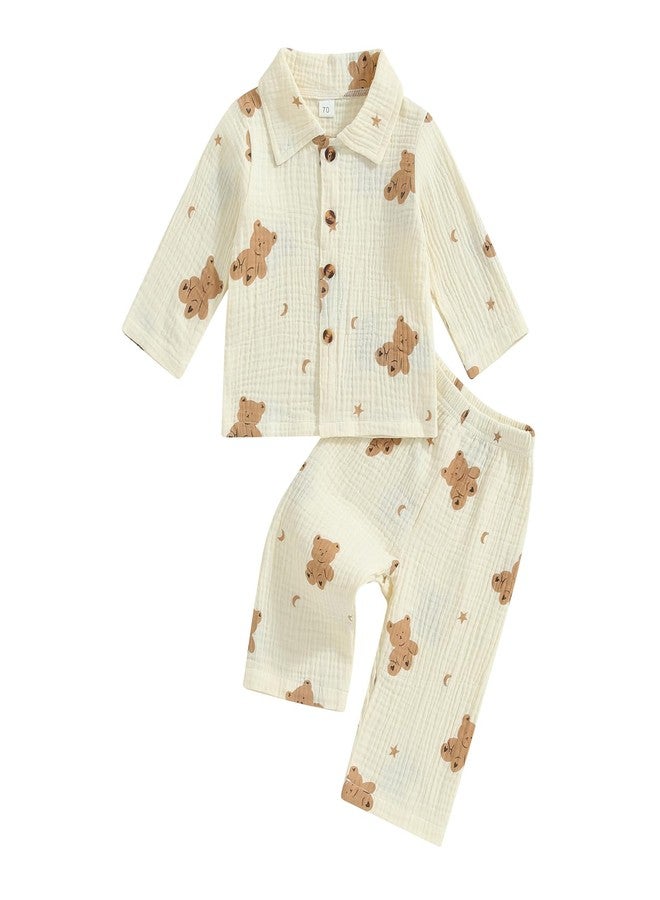 fyclemt Toddler Baby Girl Boy Halloween Pajamas Pumpkin Cotton Linen Long Sleeve Button Down Shirt Top Pants Kids Sleepwear Pjs Set (Beige Moon Bear Print, 12-18 Months) - Image 1