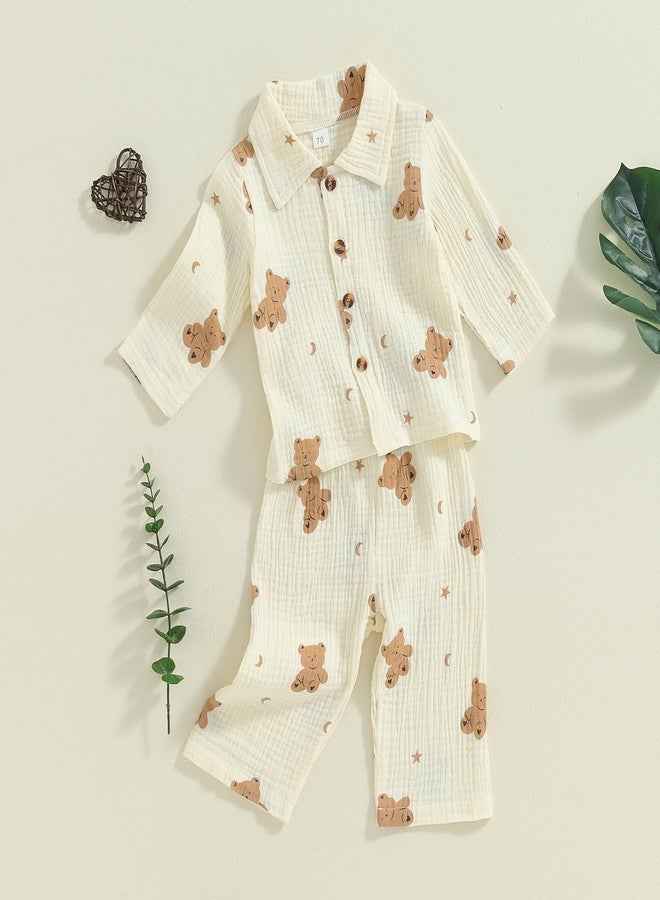 fyclemt Toddler Baby Girl Boy Halloween Pajamas Pumpkin Cotton Linen Long Sleeve Button Down Shirt Top Pants Kids Sleepwear Pjs Set (Beige Moon Bear Print, 12-18 Months) - Image 2