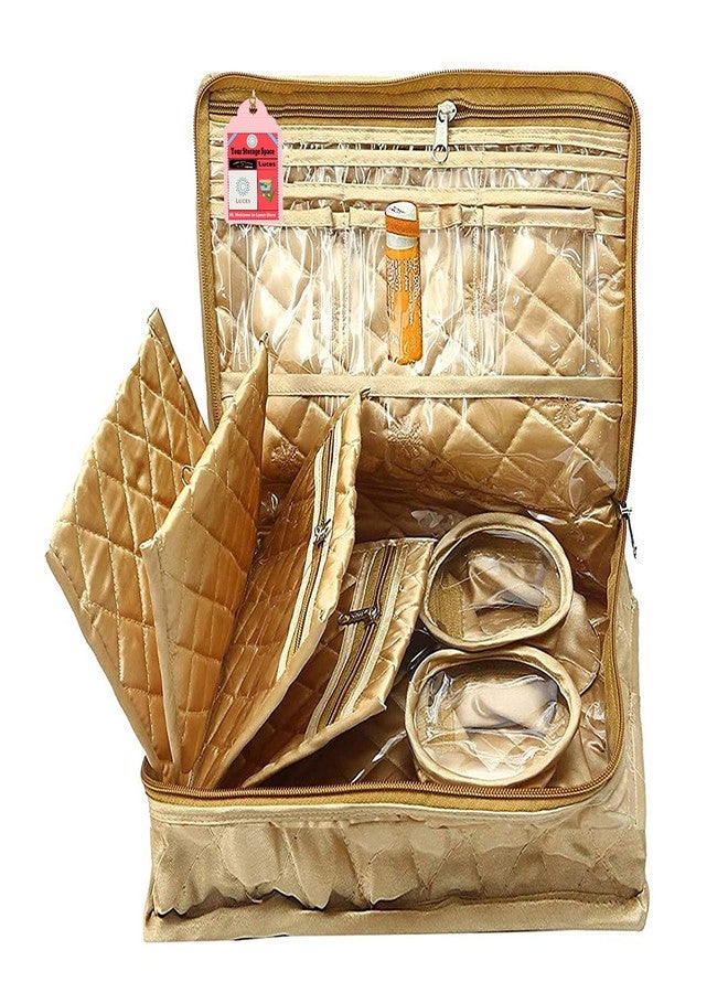 LUCES®Combo Satin Makeup Pouches Vanity Jewellery Traveling Organizer Storage Box Jhumka Earrings Cosmetic Necklace and Carry it Along Anywhere Easily for Women's (Golden) - Image 4