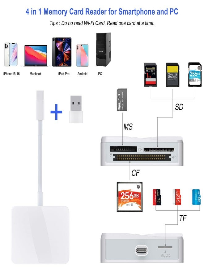 قارئ بطاقات SD، قارئ بطاقات 4 في 1 من نوع USB-C إلى SD/TF/CF/MS مع محول USB إلى USB-C، متوافق مع أجهزة iPhone 17/16/15 Pro Max و iPad Pro و MacBook Pro/Air و iMac M4/M3/M2 وهواتف وأجهزة لوحية تعمل بنظام Android (أبيض) - Image 2