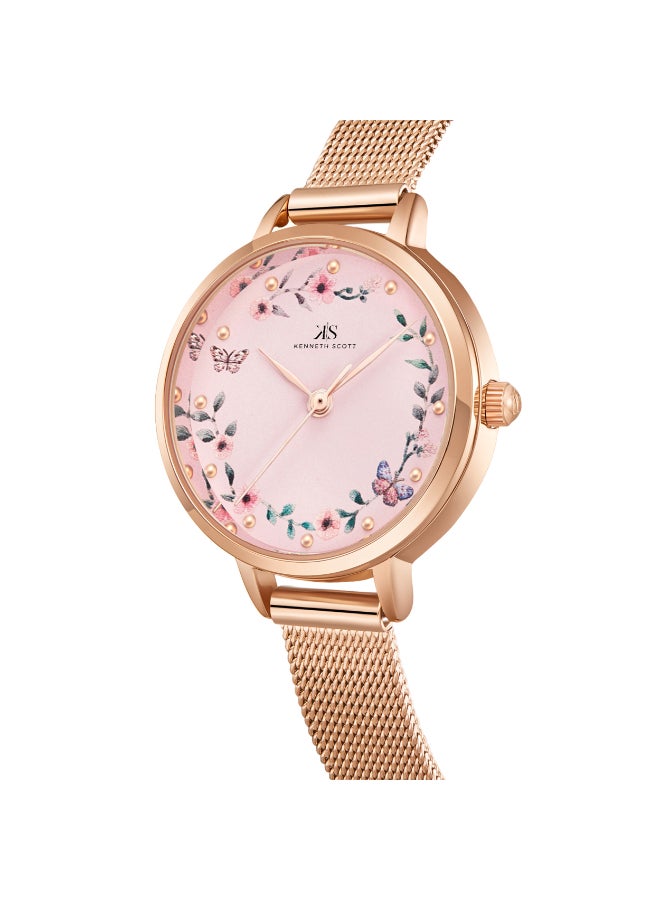 كينيث سكوت ساعة كينيث سكوت نسائية بعقارب وسوار ستانلس ستيل ذهبي وردي - Image 3