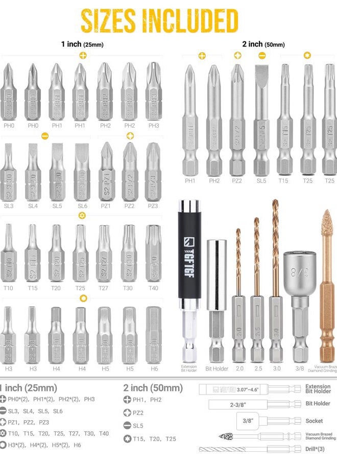 TGFTGF 42PCS S2 Steel Screwdriver Bit Set, Magnetic Drill Bit Set, includes PH, PZ, SQ, SL, Hex, Torx Security Bit Set, and Nut Bit, with Carbide Burr, 1/4” Hex Extension Bit Holder, Upgraded Version - Image 3