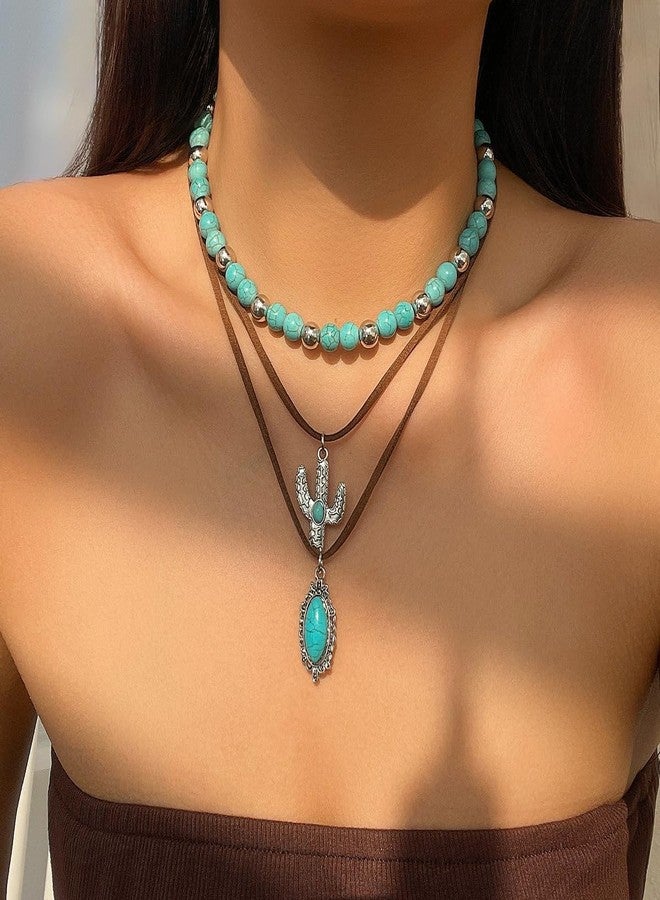 CSIYANJRY99 Layered Western Necklaces for Women Vintage Turquoise Beaded Western Jewelry for Women Ox-head Cactus Cross Chain Necklaces Country Concert Cowgirl Dresses Accessories (03) - Image 2