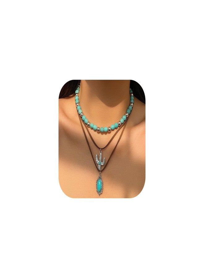 CSIYANJRY99 Layered Western Necklaces for Women Vintage Turquoise Beaded Western Jewelry for Women Ox-head Cactus Cross Chain Necklaces Country Concert Cowgirl Dresses Accessories (03) - Image 1
