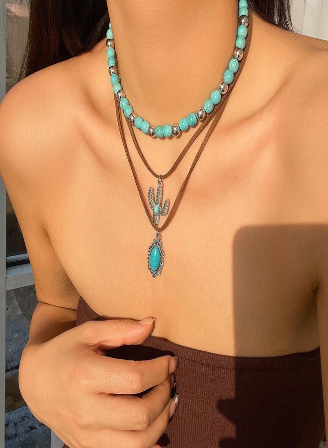 CSIYANJRY99 Layered Western Necklaces for Women Vintage Turquoise Beaded Western Jewelry for Women Ox-head Cactus Cross Chain Necklaces Country Concert Cowgirl Dresses Accessories (03) - Image 3
