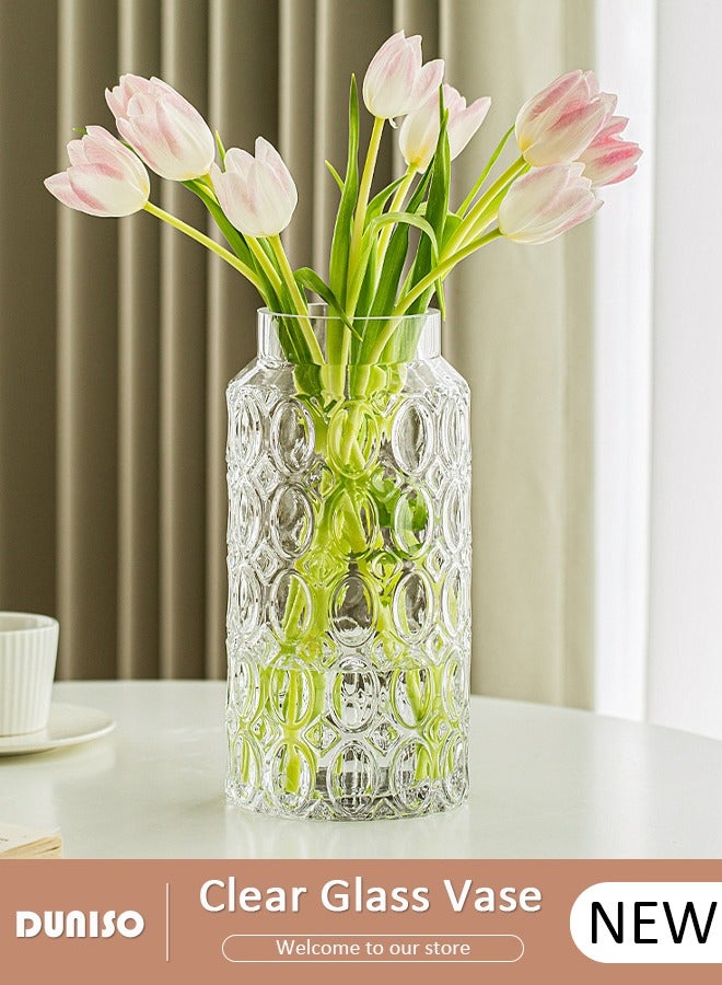 DUNISO Clear Glass Vase, Modern Decorative Vase, Large Irregular Shape Vintage Flower Vase, Minimalist Ins Style Embossed Glass Vase for Wedding Table Decorations Centerpieces, Crystal Vase for Living Room, Bedroom, Kitchen, Dining Table, Mantle  - Image 1