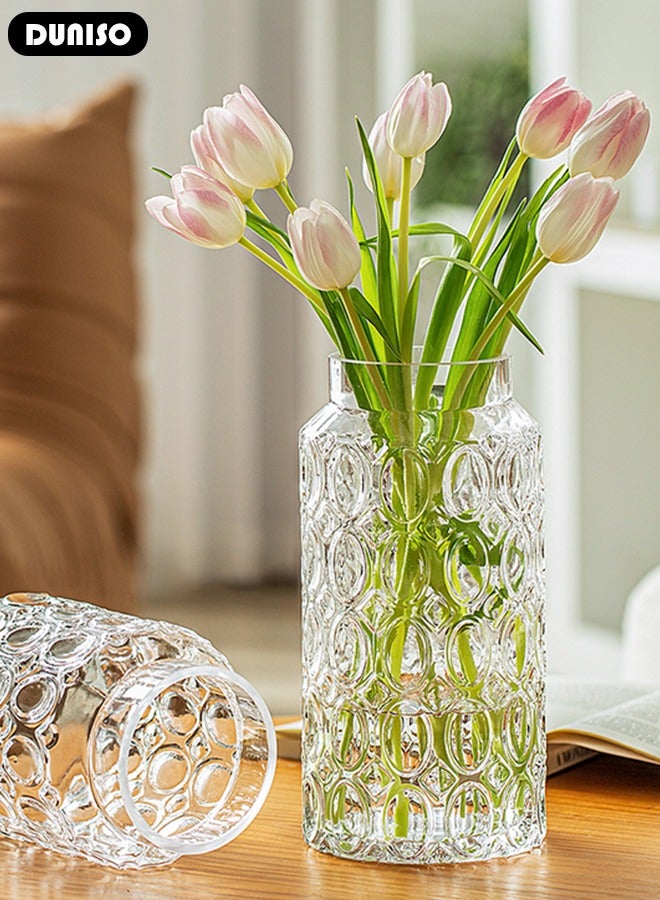 DUNISO Clear Glass Vase, Modern Decorative Vase, Large Irregular Shape Vintage Flower Vase, Minimalist Ins Style Embossed Glass Vase for Wedding Table Decorations Centerpieces, Crystal Vase for Living Room, Bedroom, Kitchen, Dining Table, Mantle  - Image 5