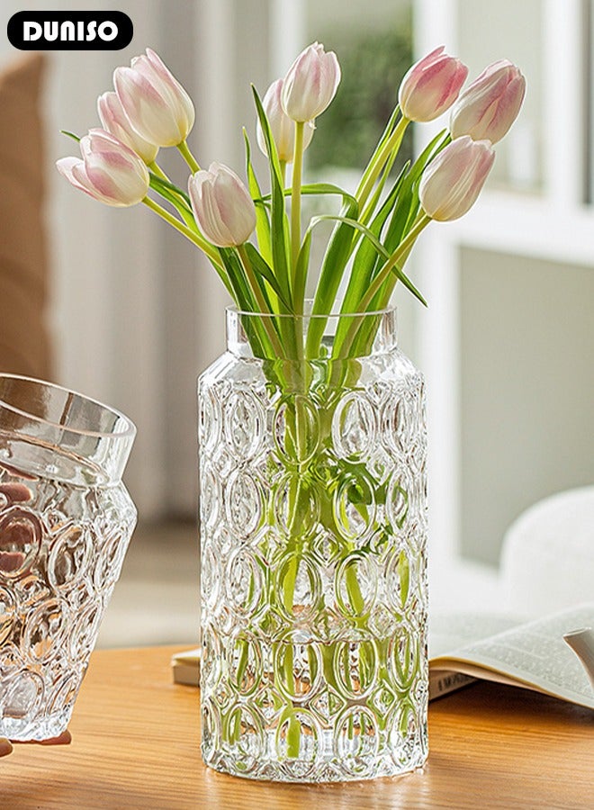 DUNISO Clear Glass Vase, Modern Decorative Vase, Large Irregular Shape Vintage Flower Vase, Minimalist Ins Style Embossed Glass Vase for Wedding Table Decorations Centerpieces, Crystal Vase for Living Room, Bedroom, Kitchen, Dining Table, Mantle  - Image 3
