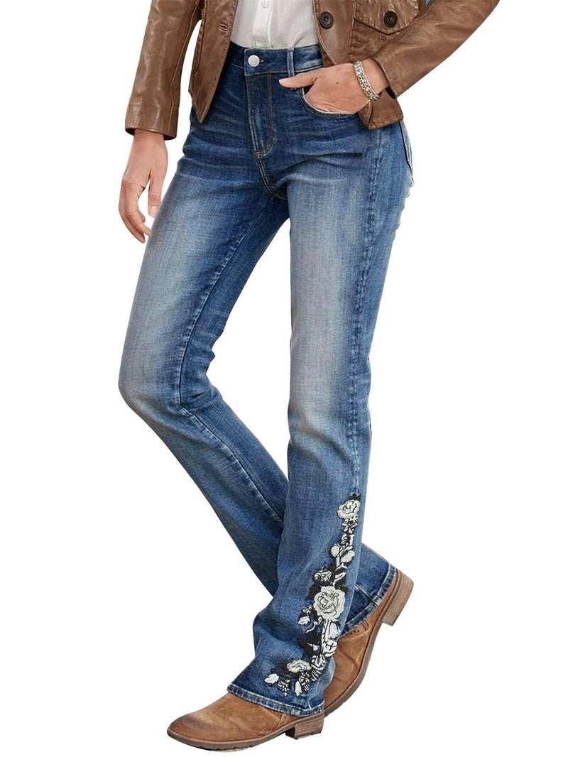 Flamingals Women's Floral Embroidery Mid Waist High Stretch Bootcut Jeans with Pockets Midnight Wash M - Image 1