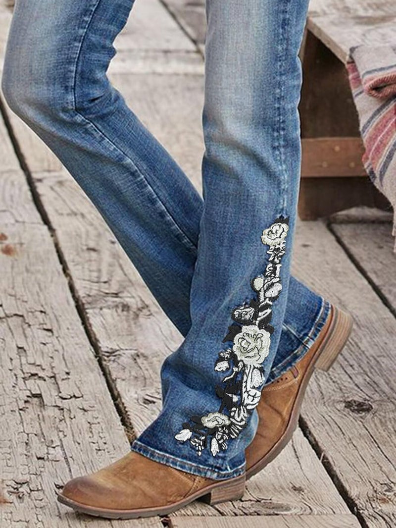 Flamingals Women's Floral Embroidery Mid Waist High Stretch Bootcut Jeans with Pockets Midnight Wash M - Image 4