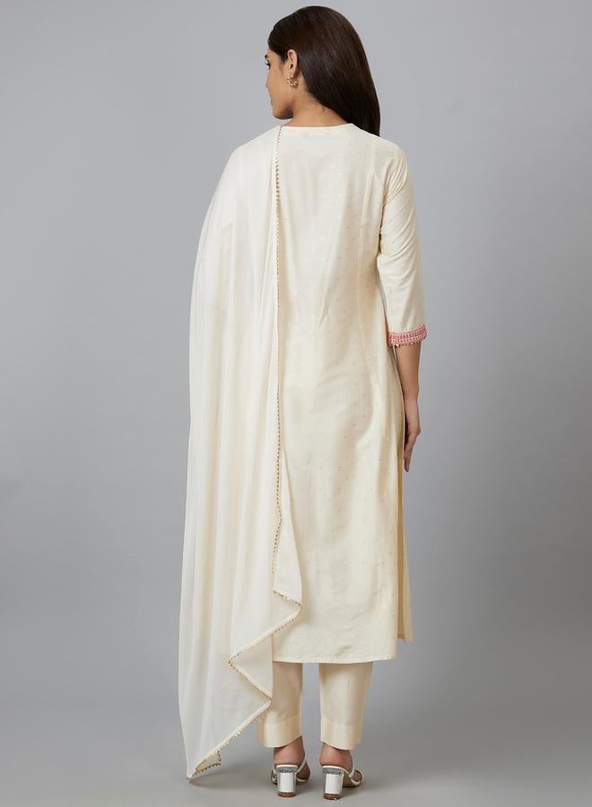 Globus Embroidered A-Line Kurta with Trouser and Dupatta Set - Image 3