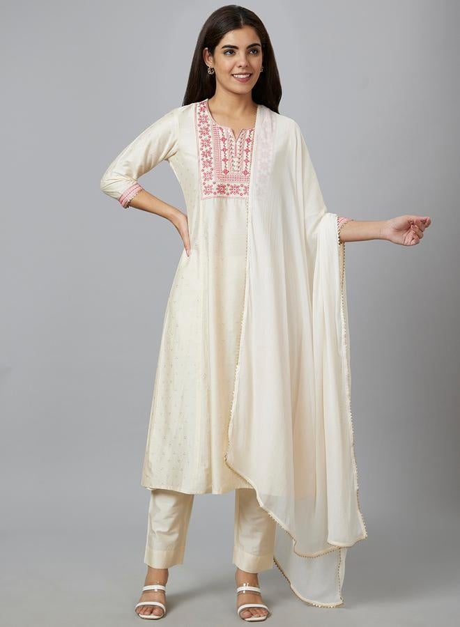 Globus Embroidered A-Line Kurta with Trouser and Dupatta Set - Image 2