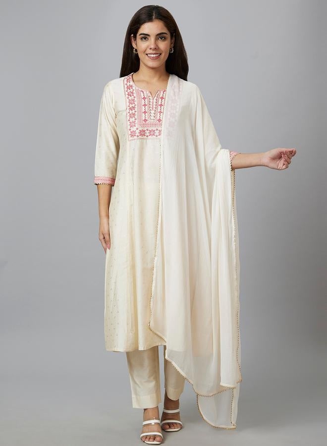 Globus Embroidered A-Line Kurta with Trouser and Dupatta Set - Image 1