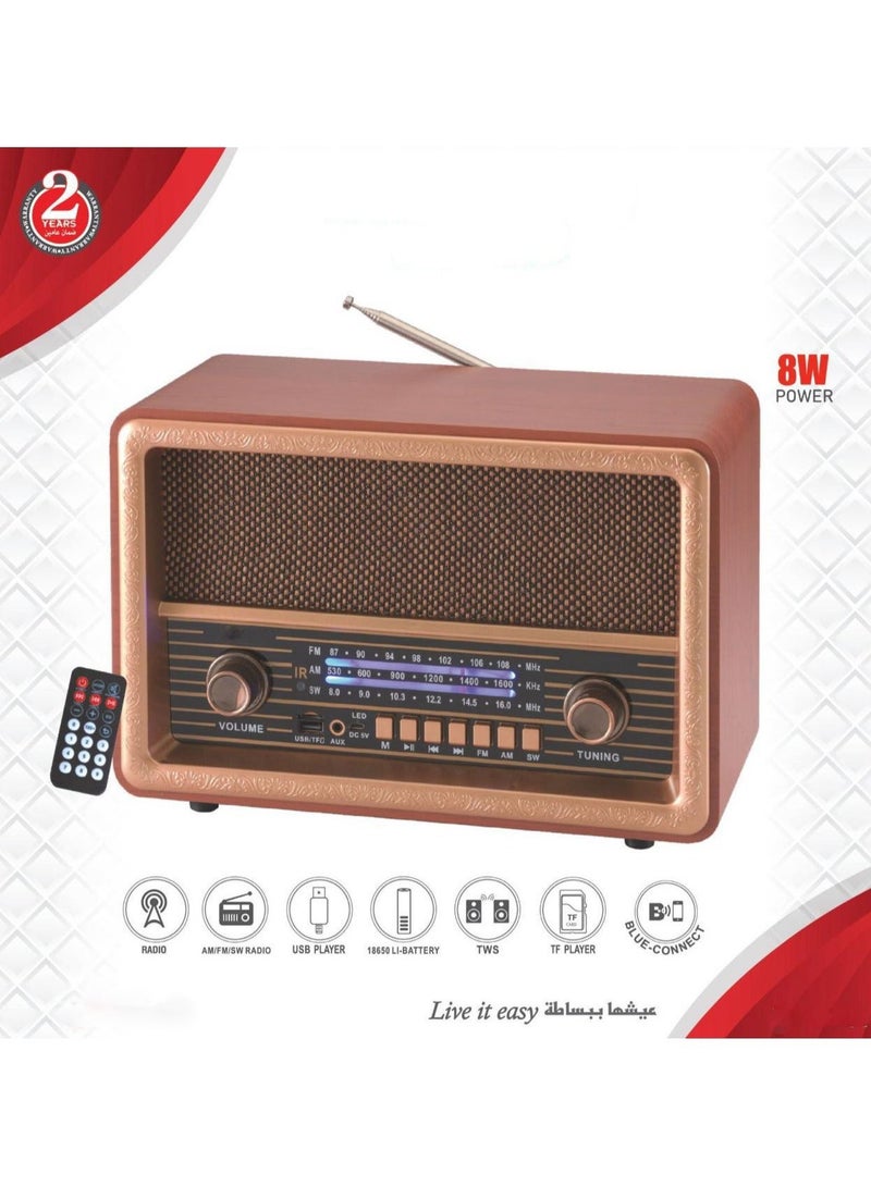 ال سي راديو FM/AM/SW خشبي عتيق مع مكبر صوت قوي 8 وات ومشغل USB/TF وبلوتوث وجهاز تحكم عن بعد لاسلكي TWS وبطارية قابلة لإعادة الشحن وتصميم كلاسيكي عتيق