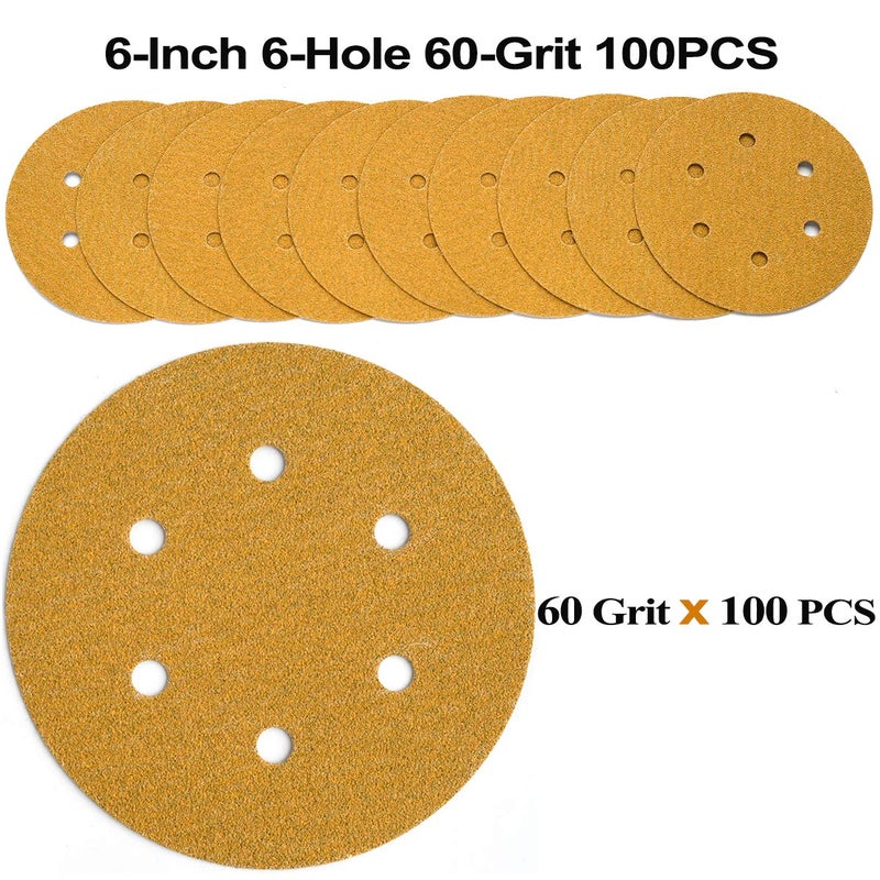 Aiyard 6-Inch 6-Hole Hook and Loop Sanding Discs 60-Grit, Random Orbital Sandpaper for Automotive and Woodworking, 100-Pack - Image 2