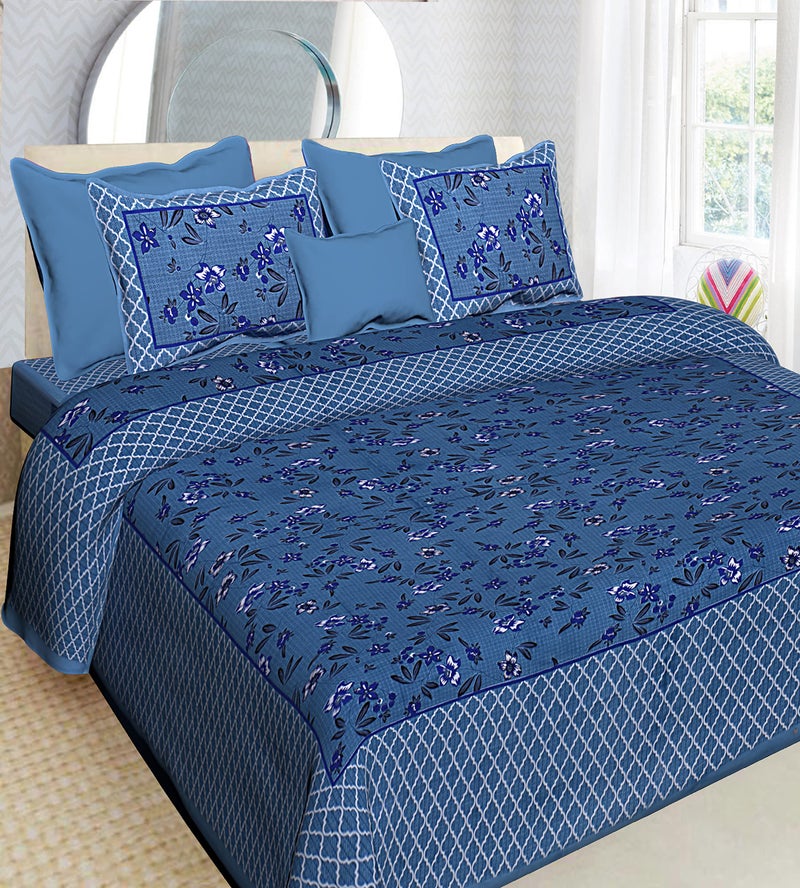 Ealth Kart Premium 100% Cotton Rajasthani Jaipuri Traditional King Size Double Bedsheet with 2 Pillow Covers (Blue) - Image 1