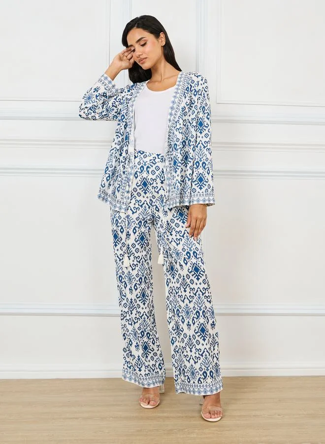 Styli Geo Print Wrap Top & Straight Pants Set