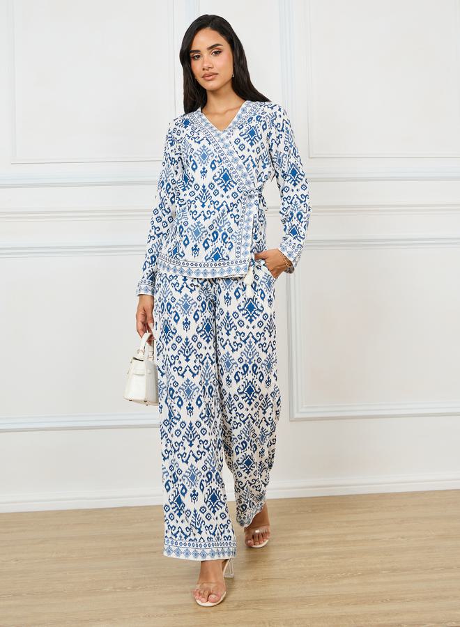Styli Geo Print Wrap Top and Straight Pants Set - Image 1