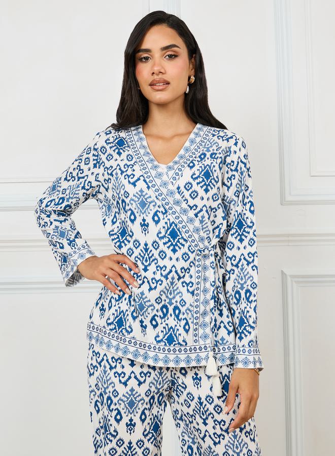 Styli Geo Print Wrap Top and Straight Pants Set - Image 2