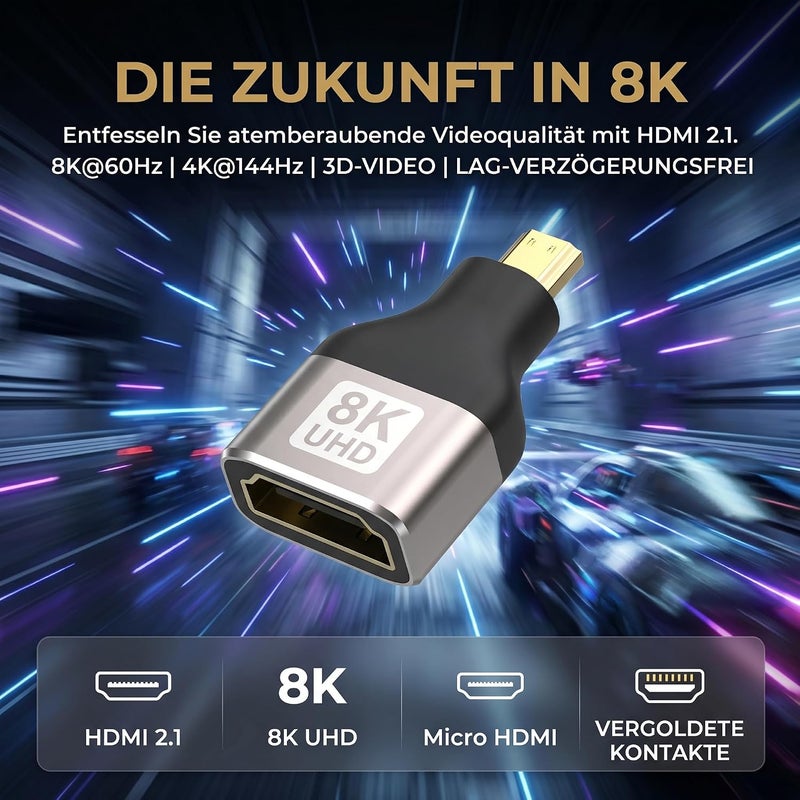 محول Micro HDMI إلى HDMI 2.1 من النوع D إلى A 8K@60Hz / 4K@144Hz | عبوة من 2 - للكاميرا�� Raspberry Pi، GoPro، الكمبيوتر المحمول، Xbox و PS5، مع ARC، ثلاثي الأبعاد، Dolby True HD 7.1 - Image 4