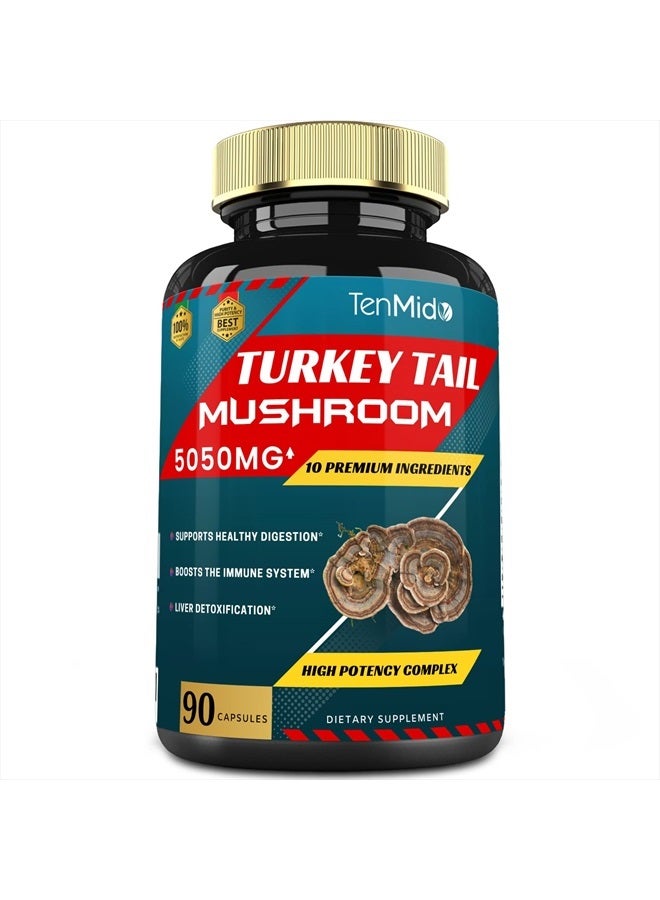 Tenmido Turkey Tail Mushroom Extract 5050mg with Lions Mane, Cordyceps, Reishi and More, 10 Herbs in 1 | Digestive Function, Supports Immune System, 3 Months Supply - Image 1