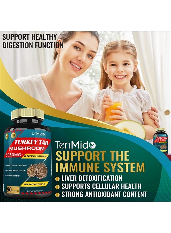 Tenmido Turkey Tail Mushroom Extract 5050mg with Lions Mane, Cordyceps, Reishi and More, 10 Herbs in 1 | Digestive Function, Supports Immune System, 3 Months Supply - Image 5
