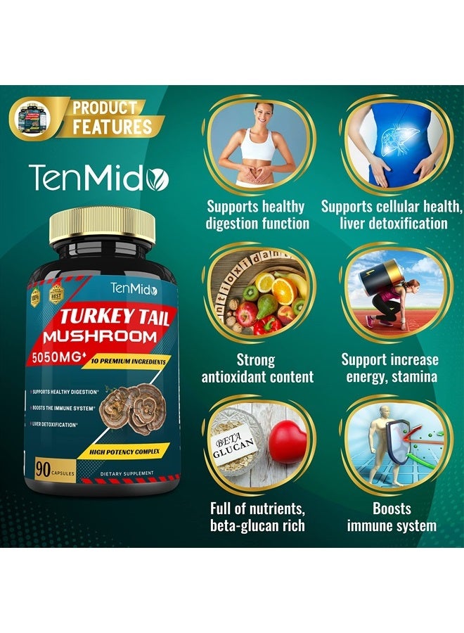 Tenmido Turkey Tail Mushroom Extract 5050mg with Lions Mane, Cordyceps, Reishi and More, 10 Herbs in 1 | Digestive Function, Supports Immune System, 3 Months Supply - Image 4