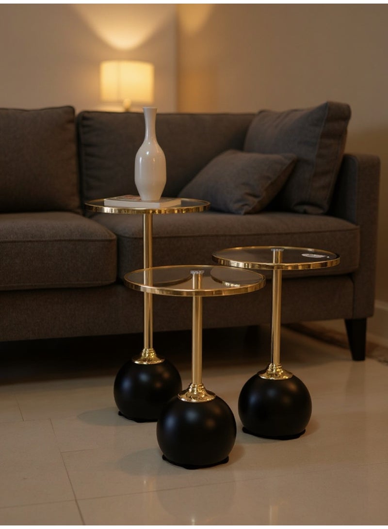 Living Set of 3 Glass Side Tables with Golden Stainless Steel Frame and Black Spherical Base – Different Sizes - Image 2