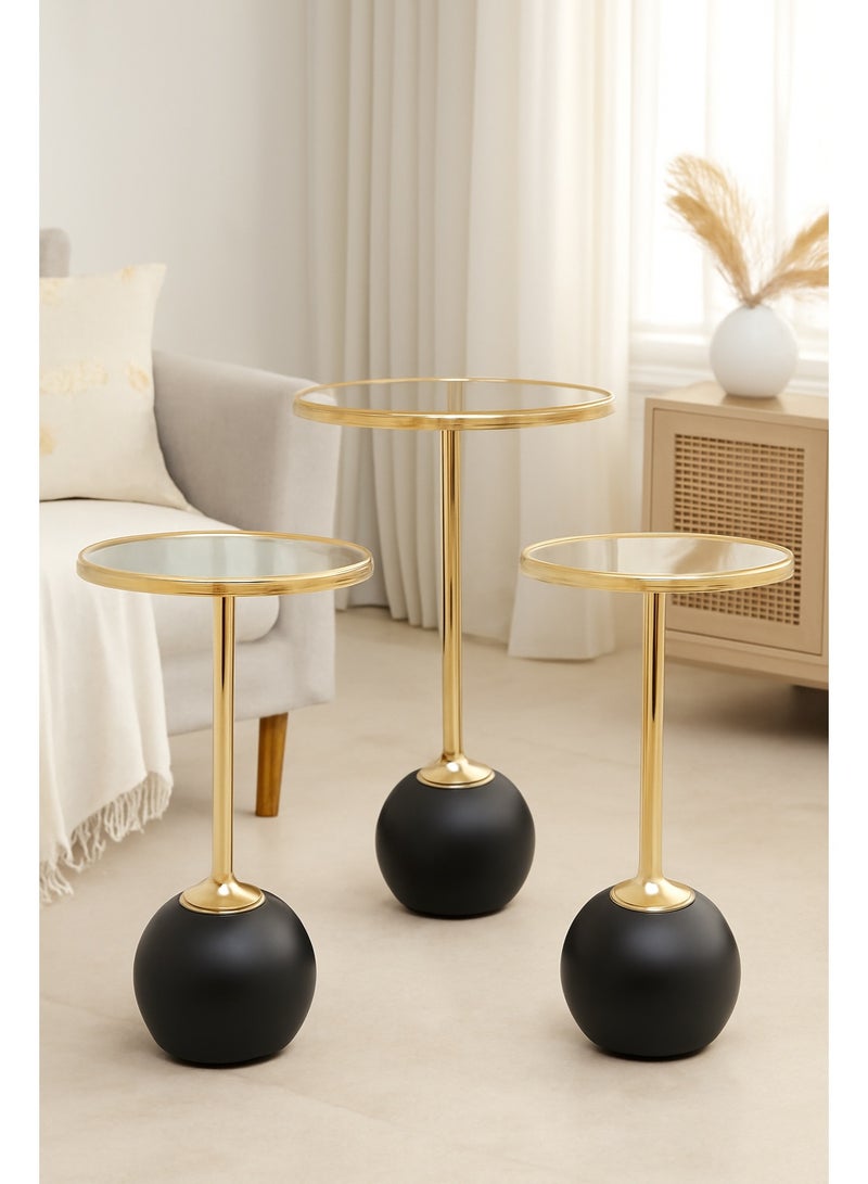 Living Set of 3 Glass Side Tables with Golden Stainless Steel Frame and Black Spherical Base – Different Sizes - Image 1