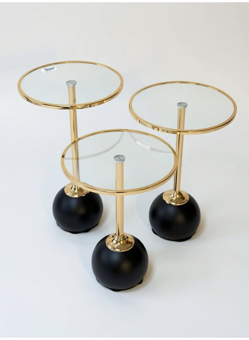 Living Set of 3 Glass Side Tables with Golden Stainless Steel Frame and Black Spherical Base – Different Sizes - Image 4