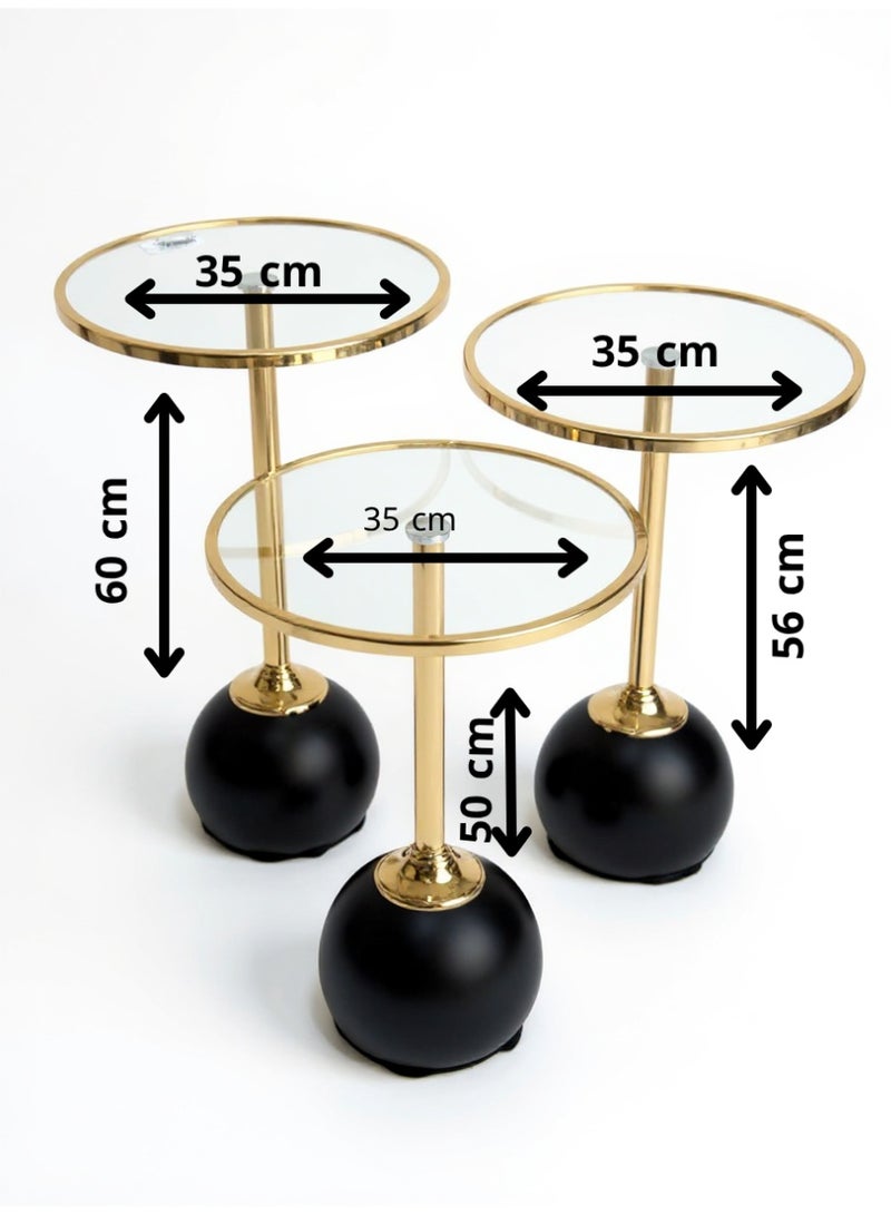 Living Set of 3 Glass Side Tables with Golden Stainless Steel Frame and Black Spherical Base – Different Sizes - Image 3
