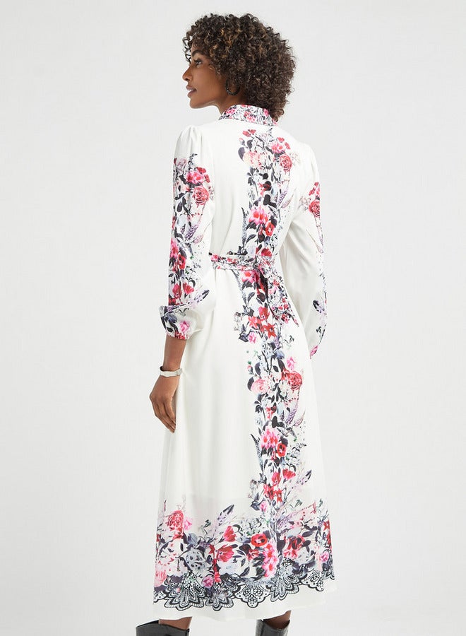 سبلاش فيڤ فستان قميص بطبعات أزهار بأكمام طويلة مع حزام ربط - Image 3