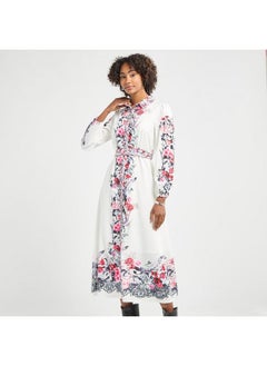 FAV All-Over Floral Print Shirt Dress with Tie-Up Belt and Long Sleeves  - Image 1