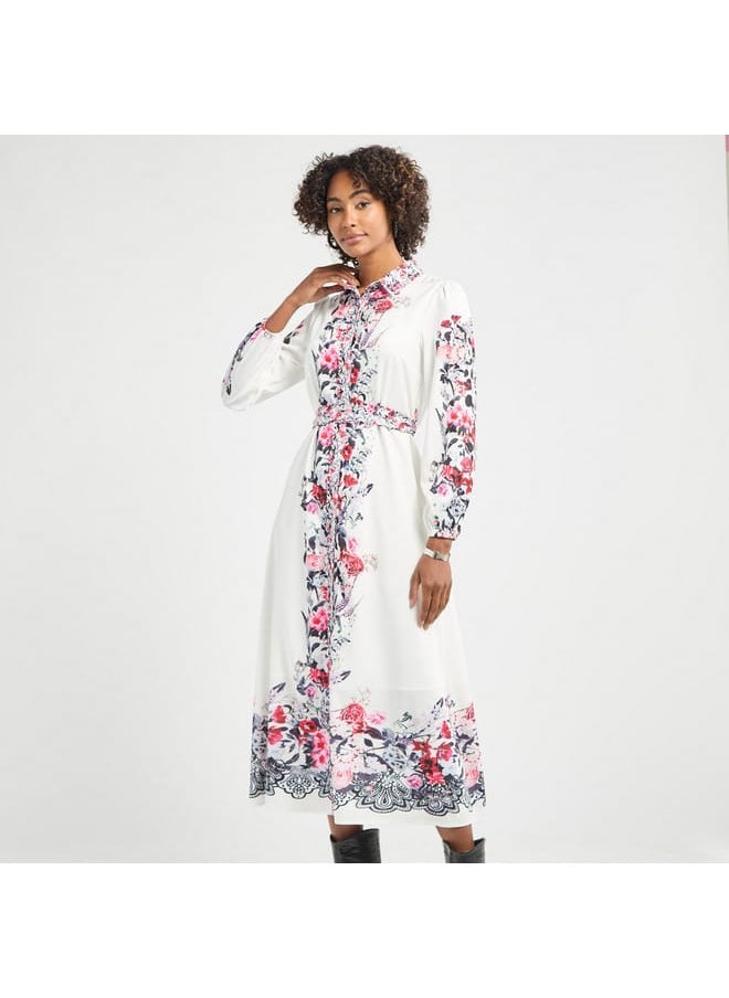 FAV - All-Over Floral Print Shirt Dress with Tie-Up Belt and Long Sleeves - Image 1