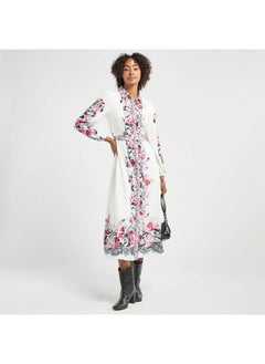 FAV All-Over Floral Print Shirt Dress with Tie-Up Belt and Long Sleeves  - Image 2