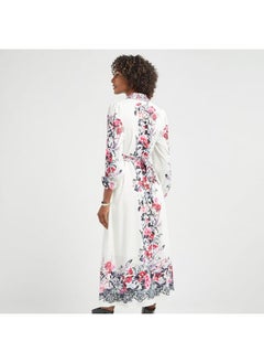 FAV All-Over Floral Print Shirt Dress with Tie-Up Belt and Long Sleeves  - Image 3