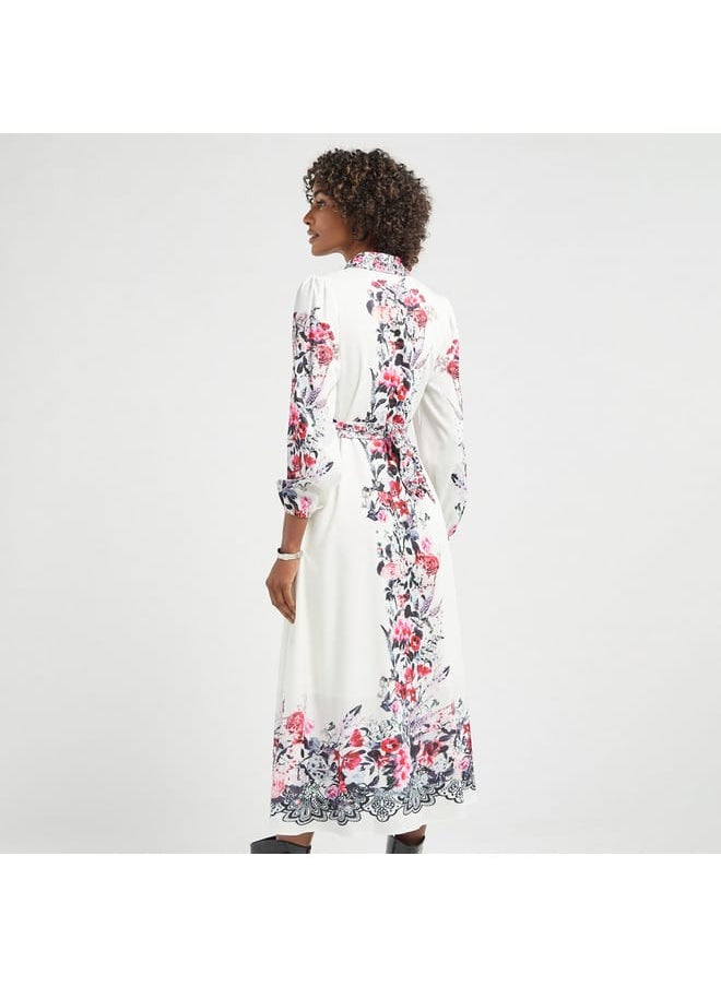 FAV - All-Over Floral Print Shirt Dress with Tie-Up Belt and Long Sleeves - Image 1