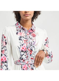 FAV All-Over Floral Print Shirt Dress with Tie-Up Belt and Long Sleeves  - Image 4