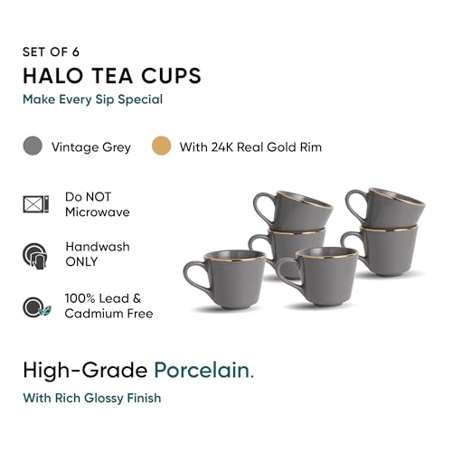 Shay Ceramic Tea Cup Set, Set of 6, Grey with Real Gold Line, 180ml | Cup Set of 6 for Tea | Glossy Finish | Premium Ceramic | Tea Cup Set of 6 (Tea Cups - Grey Gold Line) - Image 2