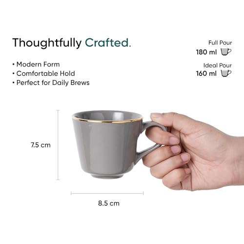 Shay Ceramic Tea Cup Set, Set of 6, Grey with Real Gold Line, 180ml | Cup Set of 6 for Tea | Glossy Finish | Premium Ceramic | Tea Cup Set of 6 (Tea Cups - Grey Gold Line) - Image 4