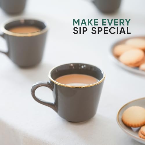 Shay Ceramic Tea Cup Set, Set of 6, Grey with Real Gold Line, 180ml | Cup Set of 6 for Tea | Glossy Finish | Premium Ceramic | Tea Cup Set of 6 (Tea Cups - Grey Gold Line) - Image 5