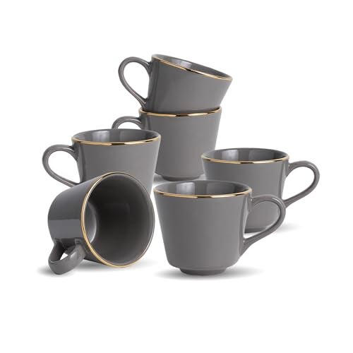 Shay Ceramic Tea Cup Set, Set of 6, Grey with Real Gold Line, 180ml | Cup Set of 6 for Tea | Glossy Finish | Premium Ceramic | Tea Cup Set of 6 (Tea Cups - Grey Gold Line) - Image 1