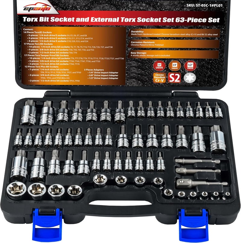 EPAuto Torx Bit Socket Set, Star Socket T8-T60, Cr-V, 13 Pieces - Image 1