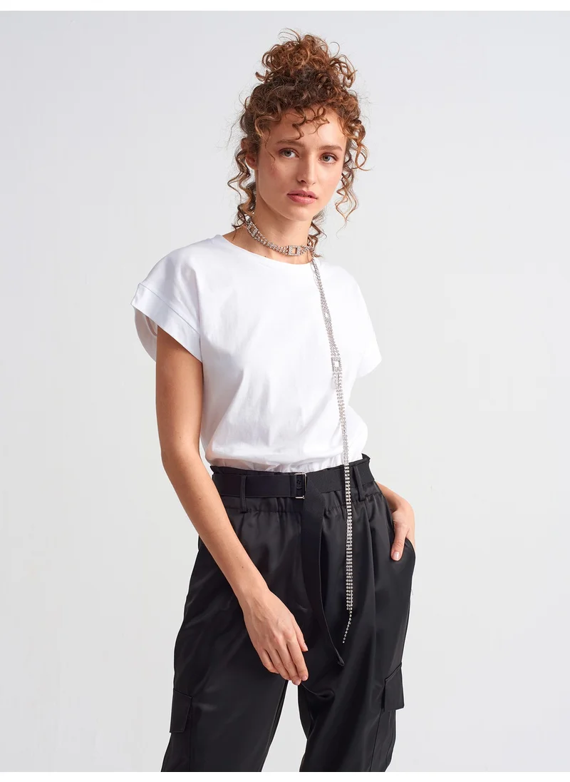 Dilvin 3504 Crew Neck Combed Cotton Blouse-White