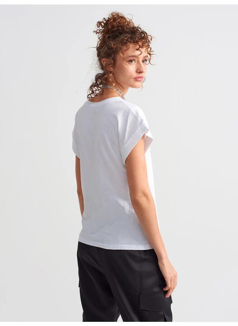 Dilvin 3504 Crew Neck Combed Cotton Blouse-White