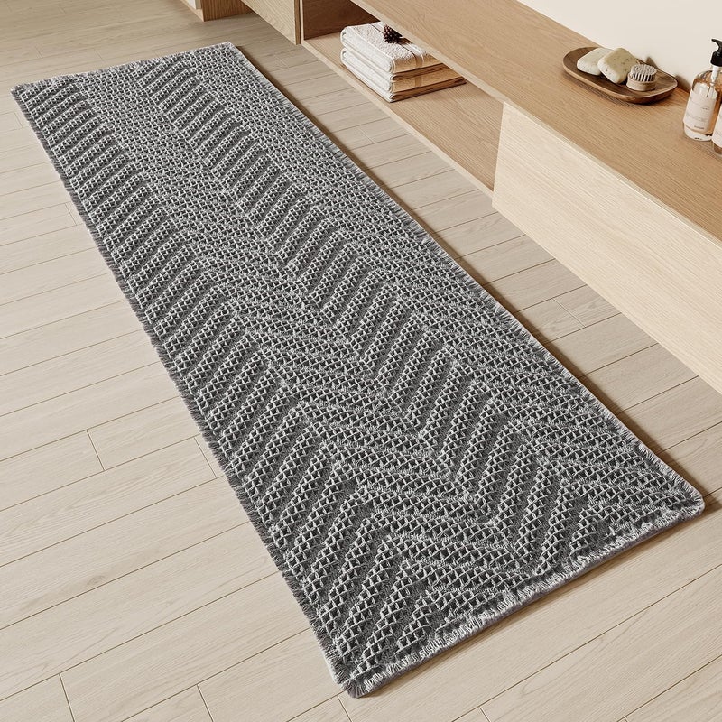 BULULOM Bathroom Runner Rug Super Absorbent Non Slip Long Bath Mat Machine Washable Boho Bathroom Rugs Quick Dry Rug Runners for Hallway Bedroom Laundry Room,Grey, 2'x 6'(24" x 72") - Image 1