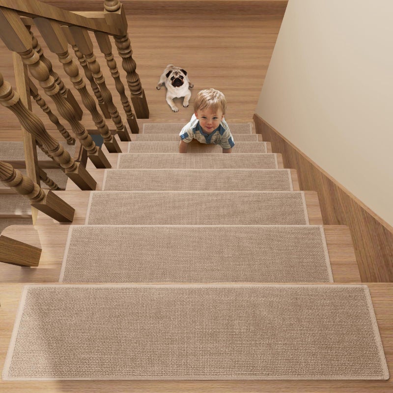 SUMLANS Stair Treads Carpet for Wooden Steps with Non Slip Rubber Backing, 100% Polyester Soft Stairs Resistant Indoor Skid Runner Safety Rugs for Kids Elders and Pets (15, Camel, 30" * 8") - Image 1