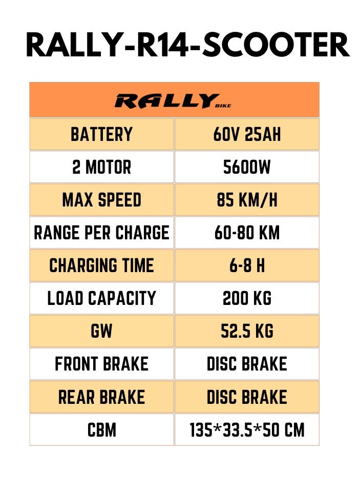 RALLY BICYCLE - Scooter Model Rally-R14, Recommended For Adults, 60V 25Ah Litthium Battery, 2 Motor, Maximum Riding Distance Is 80Km, Maximum Speed Is 85Km/H - Image 1