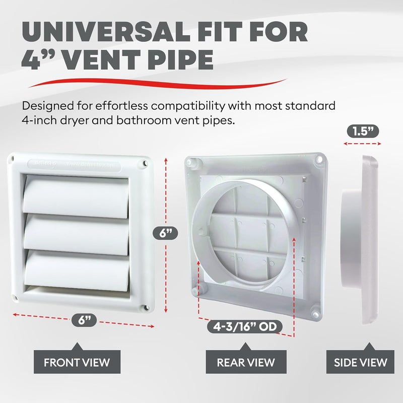 Deflecto غطاء فتحة مجفف خارجي مقاوم للعوامل الجوية من ديفليكتو سوبر فينت مع فتحات لتهوية 4 بوصة وحماية من الأشعة فوق البنفسجية وكفاءة تدفق الهواء القصوى والمتانة الطويلة 6 بوصة × 6 بوصة أبيض - Image 3